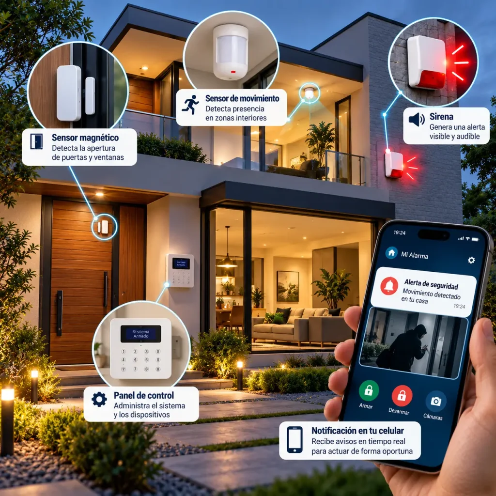 Alarma de seguridad para casa o negocio con sensores, sirena y control desde el celular