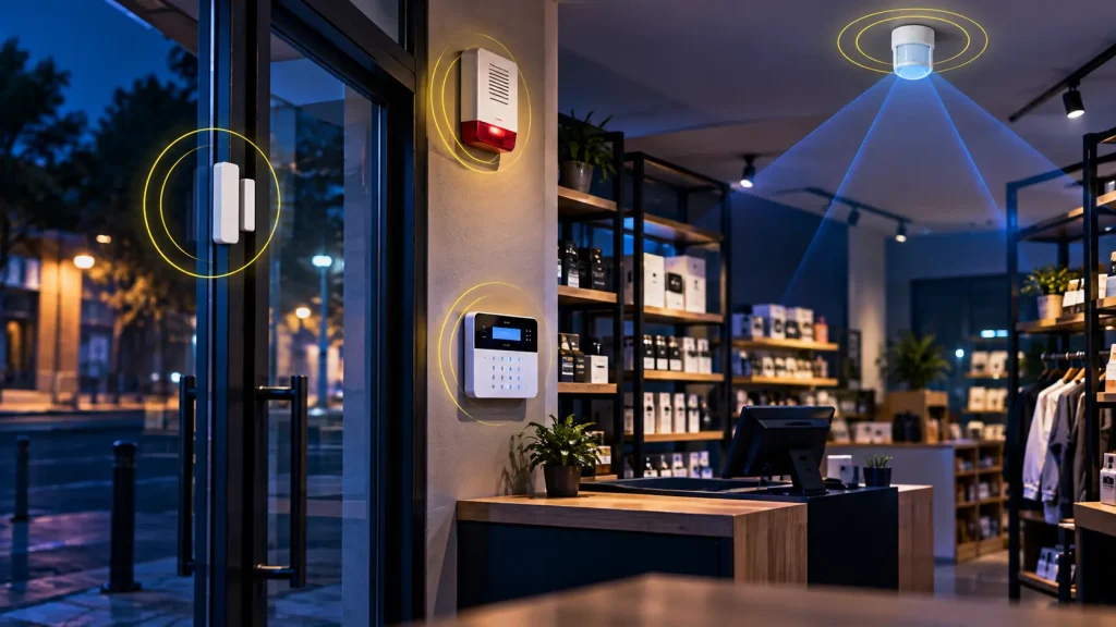 Sistema de alarma para negocio con sensor de movimiento y protección de accesos
