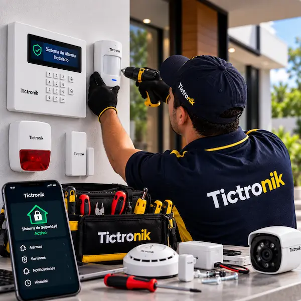 Técnico realizando instalación de alarmas de seguridad en una vivienda en Bogotá