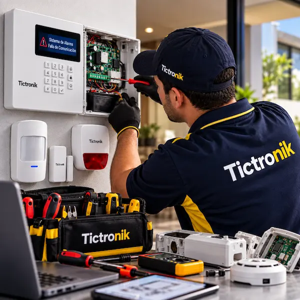 Técnico realizando reparación de alarmas de seguridad y diagnóstico del panel de control en Bogotá